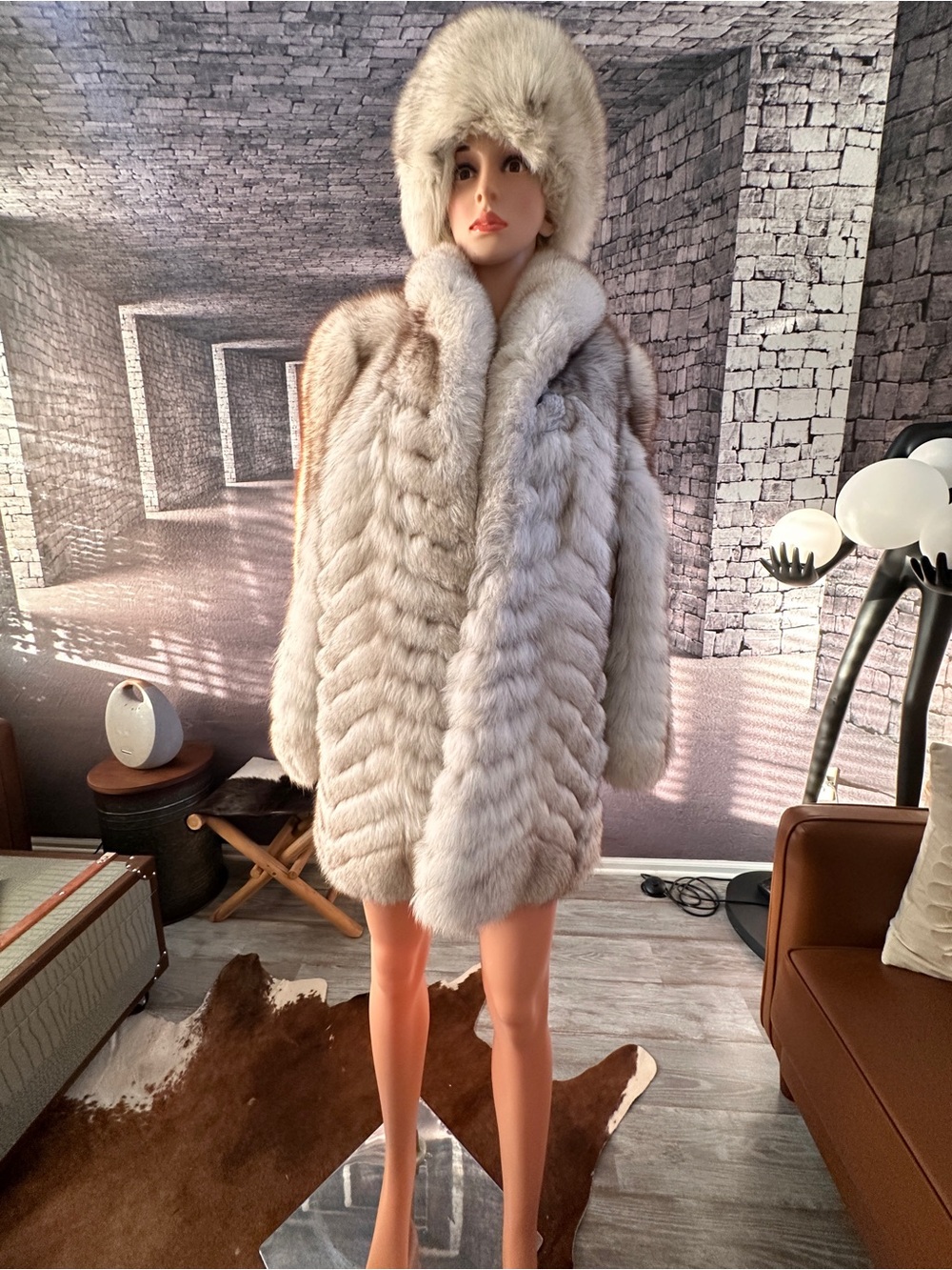 Vintage chevron-cut natural blue fox fur coat horizontal and V-shaped paneling